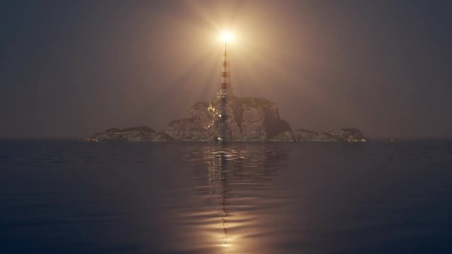 Lighthouse light spinning around. Tall tower standing on the small island.