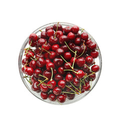 Bowl with tasty cherries on white background, top view