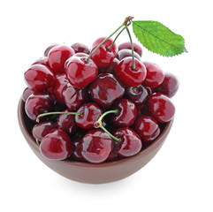 Bowl with ripe cherry on white background