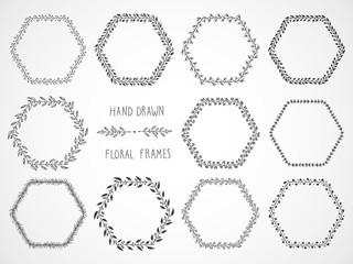 Vector set of floral hand drawn frames and decorative elements.