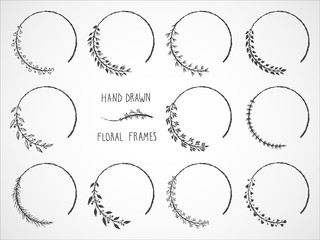 Vector set of floral hand drawn frames and decorative elements.