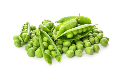 Fresh green peas on white background