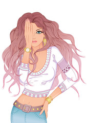 Vector illustration of a beautiful girl with long hair covering the eyes with her hand. Isolated on white background.