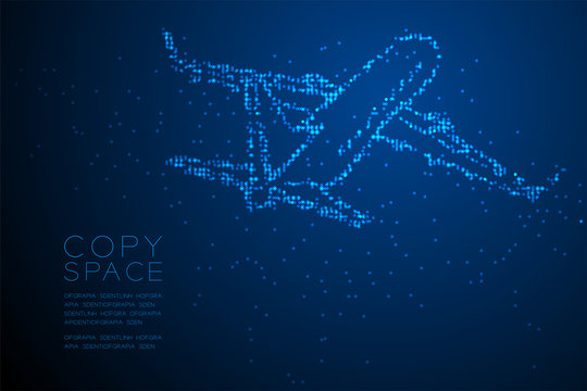 Abstract Geometric Circle dot pixel pattern Airplane shape, transportation concept design blue color illustration isolated on blue gradient background with copy space, vector eps 10