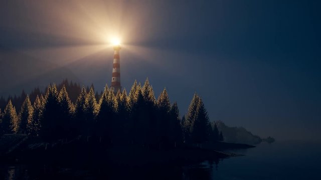 Beam of bright light from lighthouse rotating over the 
 foggy island. 4KHD
