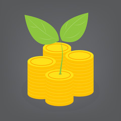 Money saving and money coin stack with green leaf, vector illustration