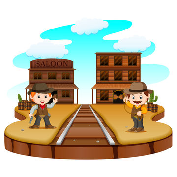 Two Cowboys Holding Gun And Standing Outside The Saloon 