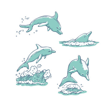 Vector set dolphins jumping dive and swim. Monochrome sketch sea animals isolated on white background for dolphinarium or oceanarium tourist cards or banners design.