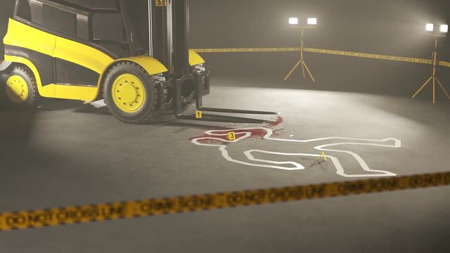 Warehouse forklift operator accident. Crime scene. Violation of working rules.