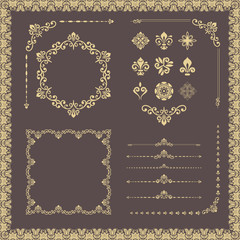 Vintage set of vector horizontal, square and round elements. Different elements for design, frames, cards, menus, backgrounds and monograms. Classic brown and golden patterns. Set of vintage patterns