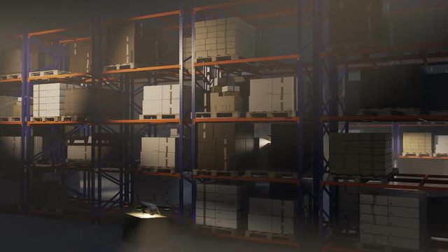 Drones flying and delivering packages and boxes in the large storehouse.