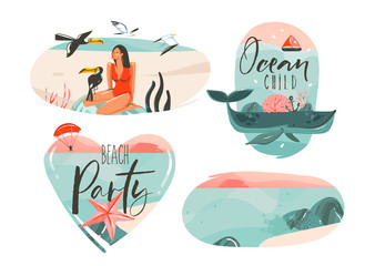 Hand drawn vector abstract graphic cartoon summer time flat illustrations sign collection set with girl,whale,sunset horizon,toucan birds and typography quotes isolated on white background