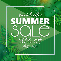 Summer sale banner, poster template with palm leaves and jungle leaf . Floral tropical summer background.