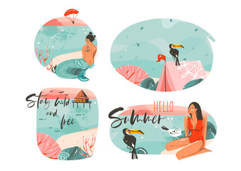 Obraz premium Hand drawn vector abstract graphic cartoon summer time flat illustrations sign collection set with girl,mermaid,camping tent,toucan birds and typography quotes isolated on white background