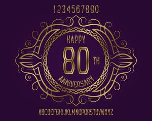 Happy anniversary emblem kit. Golden numbers, alphabet, and patterned frame for creating a memorable sign.