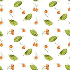 Watercolor rowan berries and leaves seamless pattern, hand painted on a white background