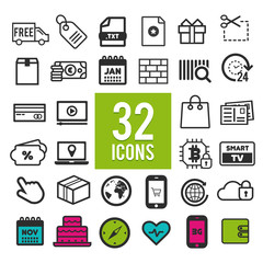 Set flat icons, for web, internet, mobile apps, interface design - business, finance, transportation, travel, shopping, communication, medical, media, marketing, computer on white background