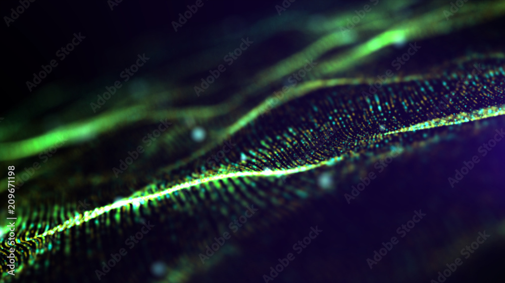 Poster futuristic green digital abstract luxurious sparkling wave particles flow de-focus background