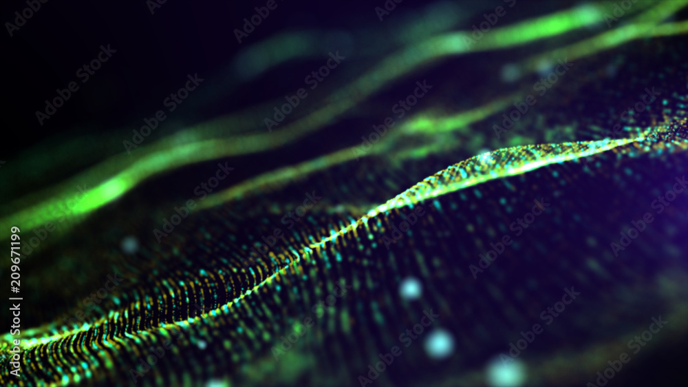 Poster futuristic green digital abstract luxurious sparkling wave particles flow de-focus background