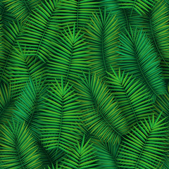 Summer seamless pattern with realistic tropical palm leaves design. Exotic jungle backdrop.