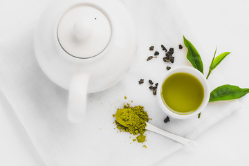 Green tea In white cup White background aroma
