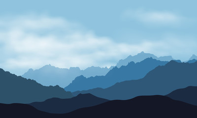 Vector illustration of mountain landscape silhouettes with mist and clouds, under blue sky