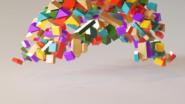 Colorful wooden blocks slowly imploded into a house form. Fun construction 4K HD