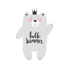 Cute bear with text hello summer. Vector illustration