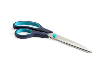 Modern scissors with plastic handles isolated on white background