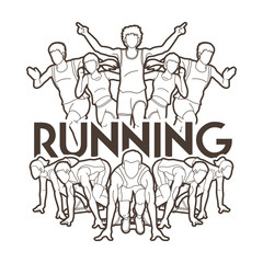 Fototapeta na wymiar People run, Runner ,Marathon running, Team work running, Group of people running with text running outline graphic vector. 