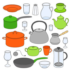 Kitchen utensils and dishes set.