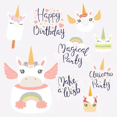 Zelfklevend Fotobehang Set of hand written birthday lettering quotes, desserts with cute unicorn faces. Isolated objects on light background. Vector illustration. Design concept for banner, invitation, greeting card. © Maria Skrigan