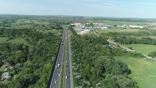 Aerial shot of European freeway. Traffic on M7 motorway - Hungary 
