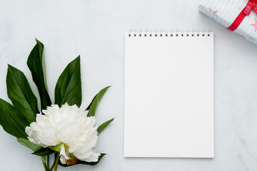 Obraz na płótnie Canvas Composition with flowers and notebook on white background. Mock up for your design. Flat lay.