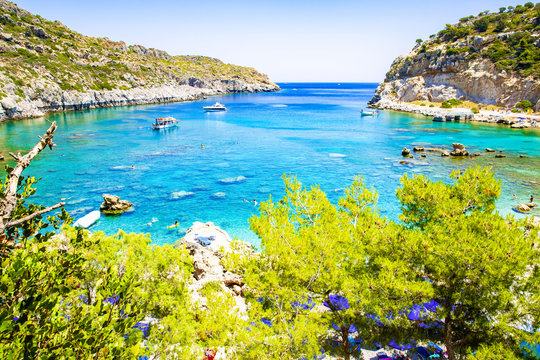 Turquoise Anthony Quinn Bay on Rhodes Island, Mediterranean Sea, Greece
