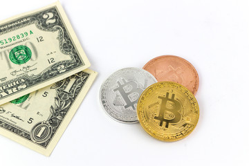 US dollar banknotes with bitcoins isolated