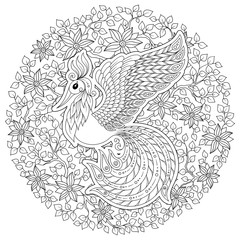 Fototapeta premium Firebird for anti stress Coloring Page with high details.