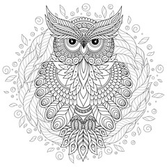  Coloring page with cute owl and floral frame.