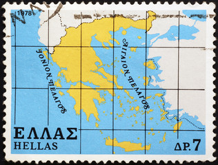 Rough map of Greece on old postage stamp