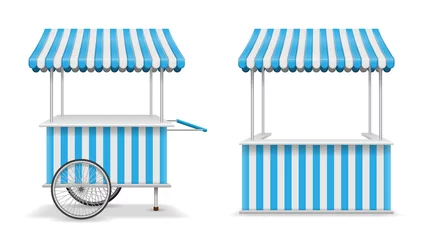 Deurstickers Realistic set of street food kiosk and cart with wheels. Mobile blue market stall template. Farmer kiosk shop mockup. Vector illustration © sergey985