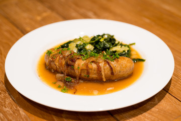 Grilled sausage with Cheesy Creamed Spinach