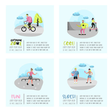 Extreme Sports Poster, Banner, Brochure. Teenager Skateboarding, Man on Bicycle, Girl Rolling. Active Characters People Playing Outdoor. Vector illustration