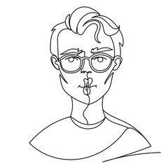 Man in Eyeglasses Posing Kiss Portrait One Line Art. Male Facial Expression. Hand Drawn Linear Man Silhouette. Vector illustration