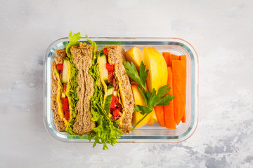 Healthy meal prep container with cheese vegetable sandwiches and fruits overhead shot with copy...