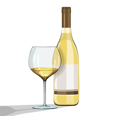 A bottle of white wine and a glass of wine on a white background. Vector 