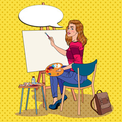 Popart vrouwelijke kunstenaar schilderen in de Studio. Vrouw schilder in werkplaats. vector illustratie