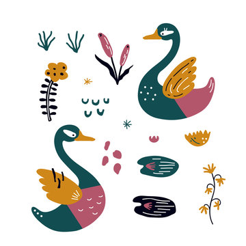 vector set with beautiful scandinavian swans for baby shower,  fabric, textile