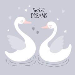 vector print with beautiful scandinavian swans for baby shower,  fabric, textile and sweet dreams