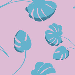 Fototapeta na wymiar Seamless texture. Bright tropical background with jungle plants. exotic pattern with leaves. monstera tropical plant on pink background. 