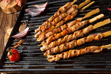 Fresh and crispy rustic pork belly grill sticks